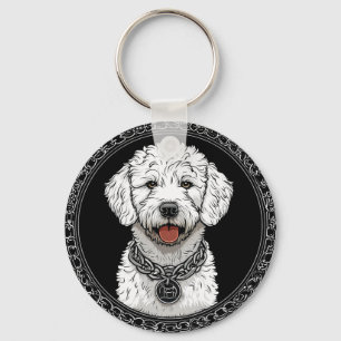 Llavero Retrato de perro blanco con collar de cadena