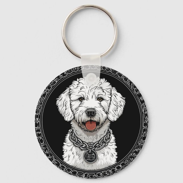 Llavero Retrato de perro blanco con collar de cadena (Anverso)