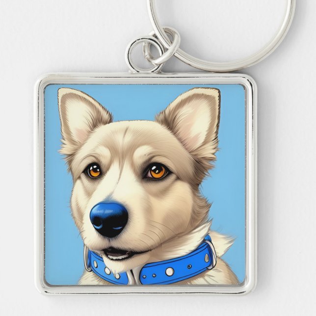 Llavero Retrato de primer plano de un perro con collar azu (Frente)
