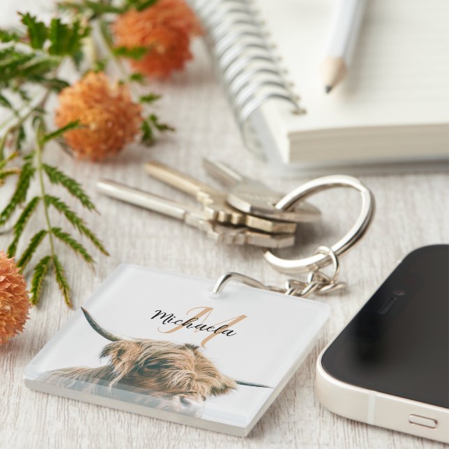 Llavero Retrato de vaca de Highland nombre personalizado m (Frente Derecha)