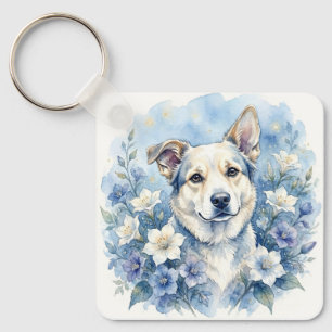 Llavero Retrato floral botánico de perro en acuarela