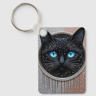 Llavero Retrato gótico moderno de gato negro con ojos azul
