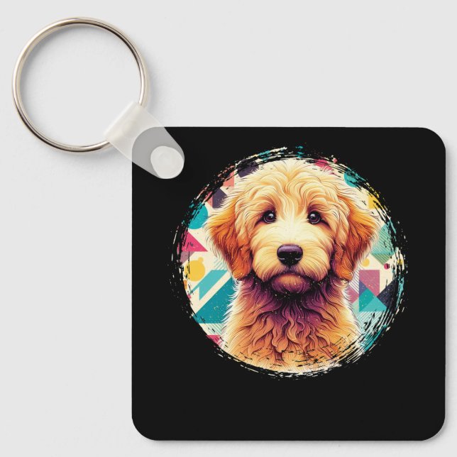 Llavero Retrato lindo perro dordendoodle en Doodle dorado  (Anverso)
