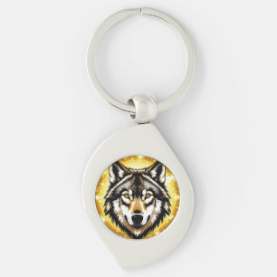 Llavero Retrato majestuoso de lobo con fondo dorado