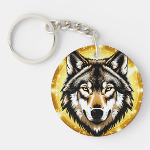 Llavero Retrato majestuoso de lobo con fondo dorado
