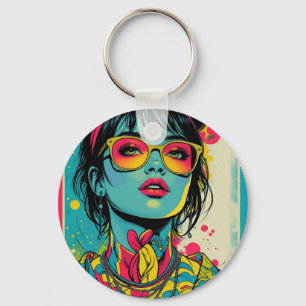Llavero Retrato Neon Pop Diva - Arte Retro Audaz y Vibrant