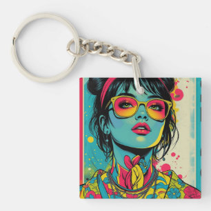 Llavero Retrato Neon Pop Diva - Arte Retro Audaz y Vibrant