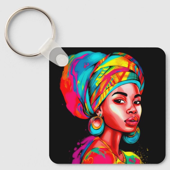 Llavero Retrato vibrante con envoltura de cabeza colorida (Anverso)