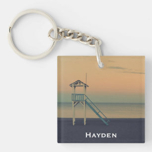 Llavero Retro Beach Lifeguard Tower Sunset Personalizado