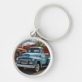 Llavero Retro Blue Truck Travel Round Keychain