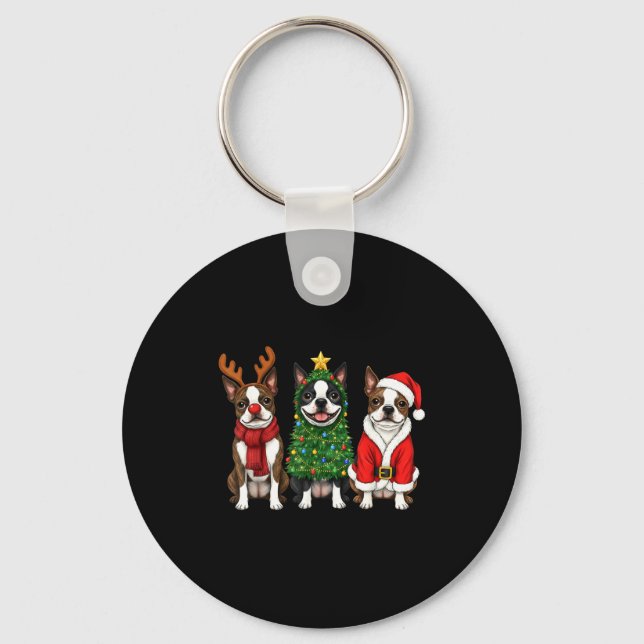 Llavero Retro Christmas Boston Terrier Santa Reindeer Dog  (Anverso)