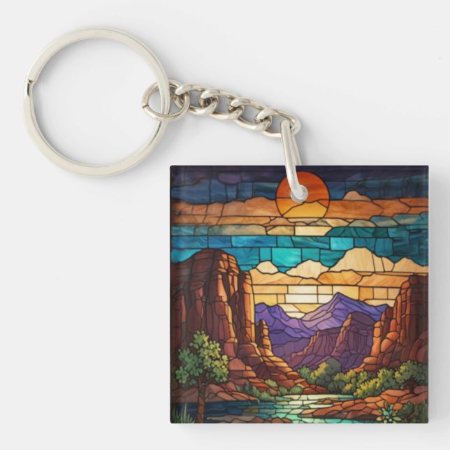 Llavero Retro desert scene Sedona mountains stainglass art (Frente)