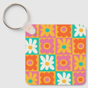Llavero Retro Floral Groovy de Cuadros Colorido Patrón 70s