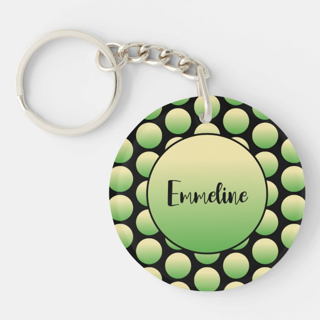 Llavero Retro Green Polka Dots Black Script Name  (Frente)
