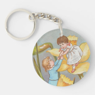 Llavero Retro lindo dulce San Valentín, niños y narcisos