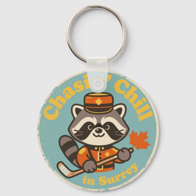 Llavero Retro Surrey BC Raccoon and Hockey Stick (Anverso)