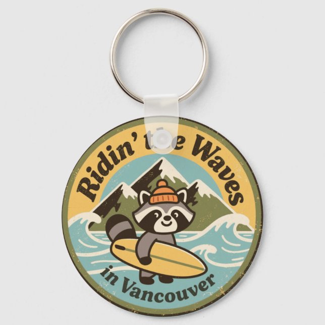 Llavero Retro Vancouver Surfing Raccoon (Anverso)