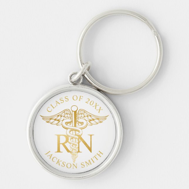 Llavero RN Nurse faux gold caduceus Personalizado Color (Frente)