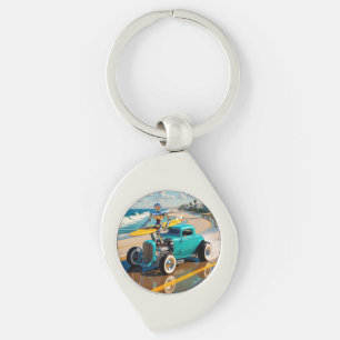 Llavero robot vintage con tabla de surf , en la playa