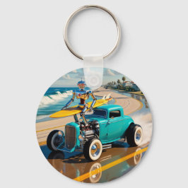 Llavero robot vintage con tabla de surf , en la playa
