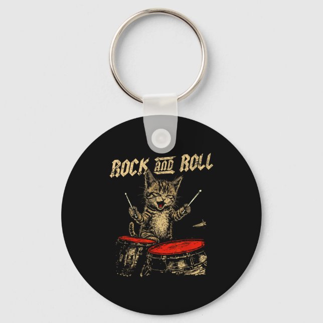 Llavero Rock And Roll Funny Cat Playing Drum For Men Women (Anverso)