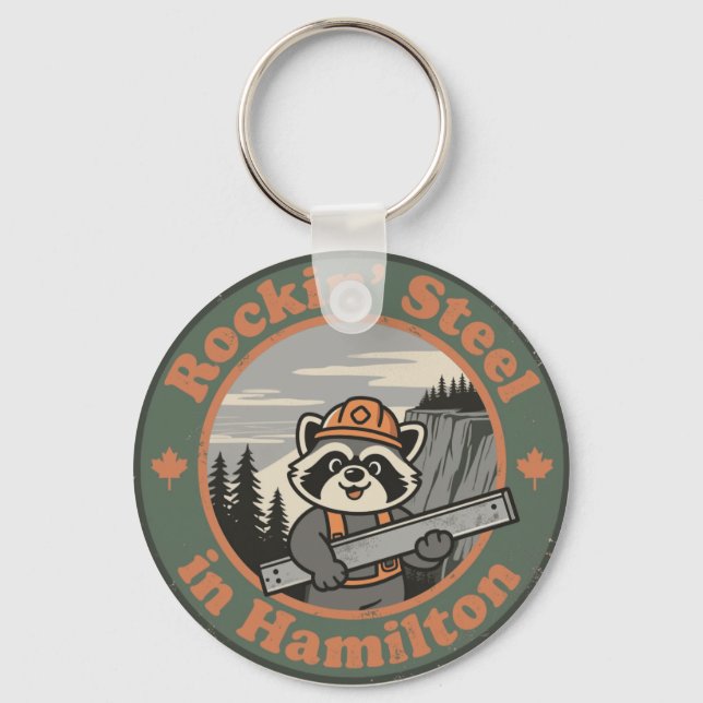 Llavero Rockin’ Steel in Hamilton with a Funny Raccoon (Anverso)