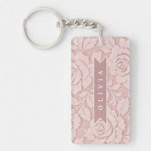 Llavero Rojizo Personalizado Rosa Encaje Floral Romántico