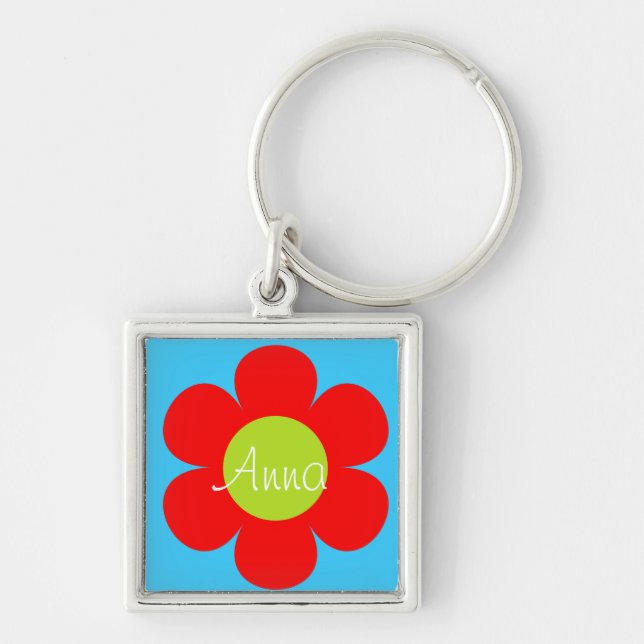 Llavero rojo de la flor con su nombre (Frente)