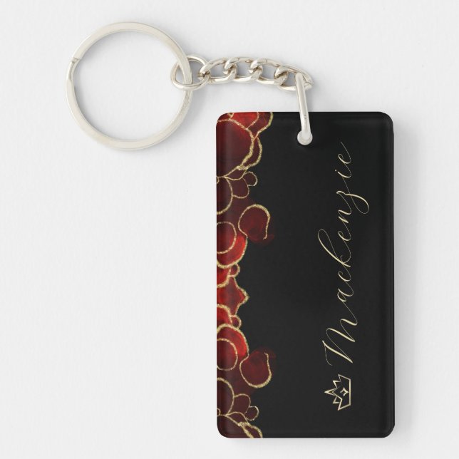 Llavero Rojo y Dorado Elegante Script Personalizado (Frente)