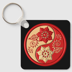 Llavero Rojo y Dorado Yin Yang Floral
