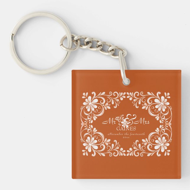 Llavero Romántico Naranja quemado Sr. y Sra. Acrylic Keych (Frente)