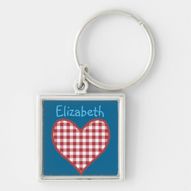 Llavero Romántico Red Check Gingham Heart Personalizado Ke (Frente)