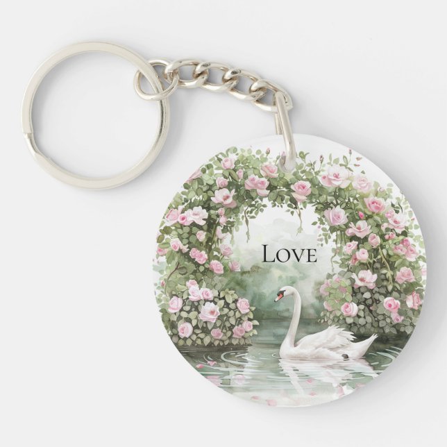 Llavero Romántico Roses Rosa Swan Lago Floral (Frente)
