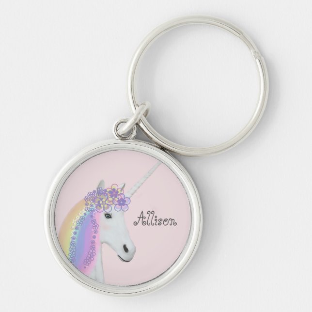 Llavero Ronda rosa arcoiris personalizada Unicornio (Frente)