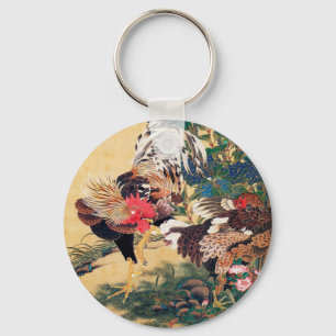 Llavero Rooster y Hen con Hydrangeas de Ito Jakuchu