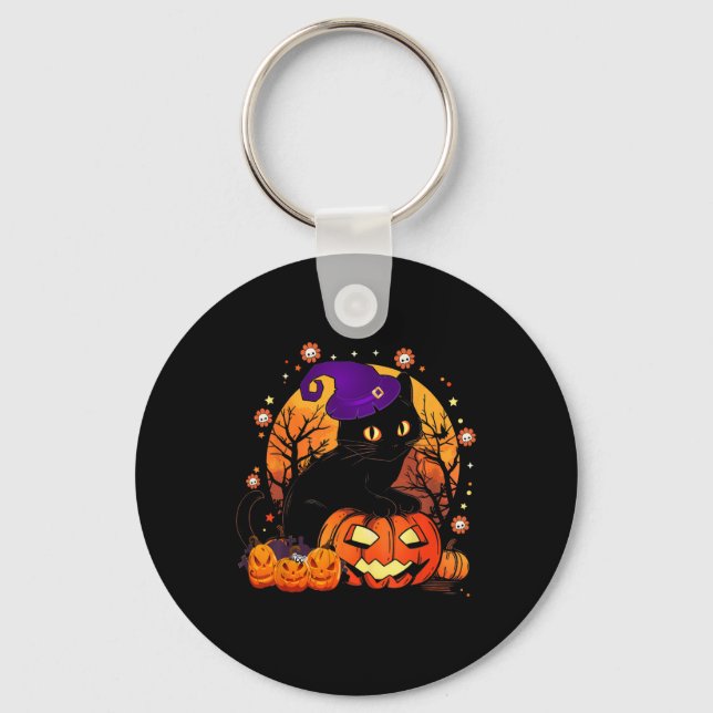 Llavero Ropa De Calabaza De Halloween De Gato Negro Retro  (Anverso)