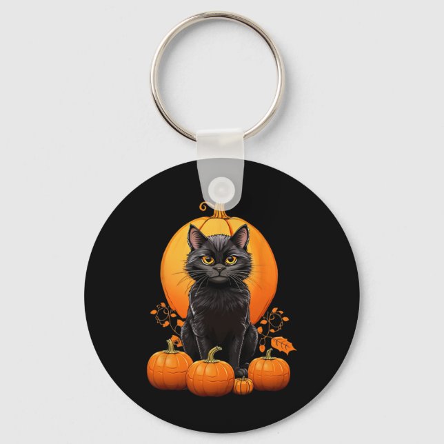 Llavero Ropa De Calabaza De Halloween De Gato Negro Retro  (Anverso)