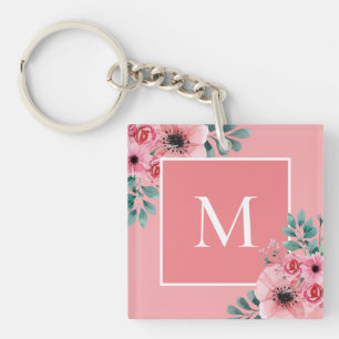 Llavero Rosa  Anillo de teclas de foto floral monograma