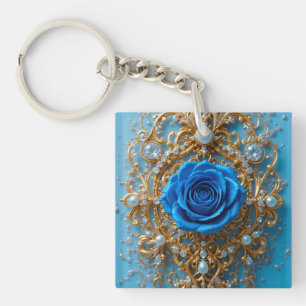 Llavero 💙 Rosa Azul Amuleto de Oro para Amantes de Acceso