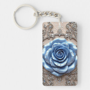 Llavero Rosa Azul Elegante con Diamantes Brillantes