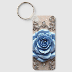 Llavero Rosa Azul Elegante con Diamantes Brillantes