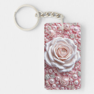 Llavero Rosa blanca elegante y Perlas rosadas resplandecie