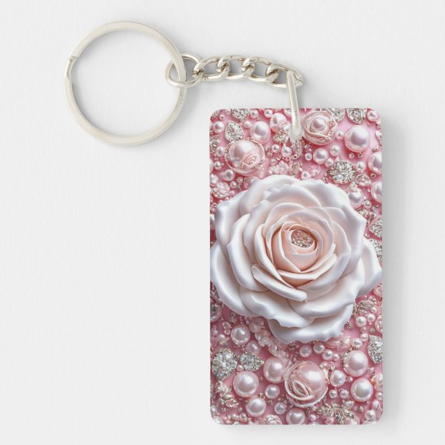 Llavero Rosa blanca elegante y Perlas rosadas resplandecie (Frente)