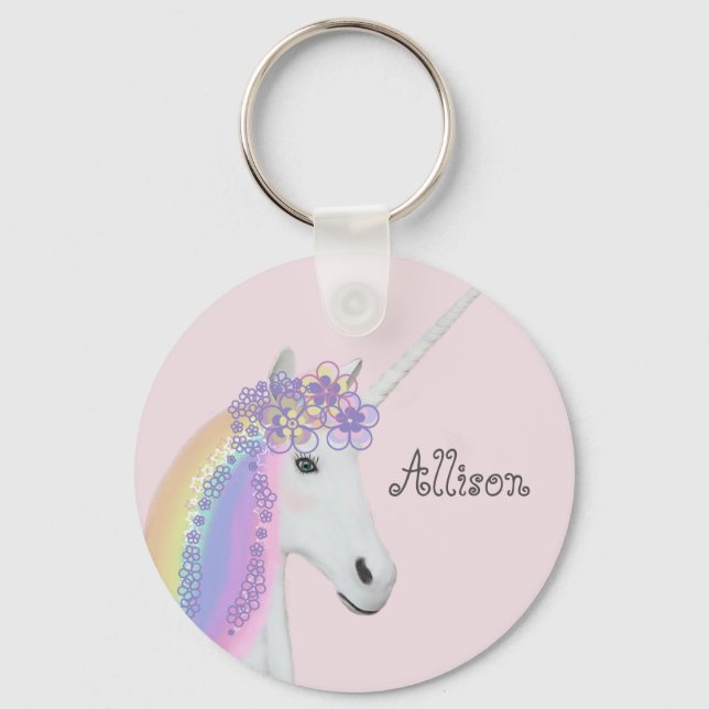 Llavero Rosa de arcoiris unicornio personalizado (Anverso)