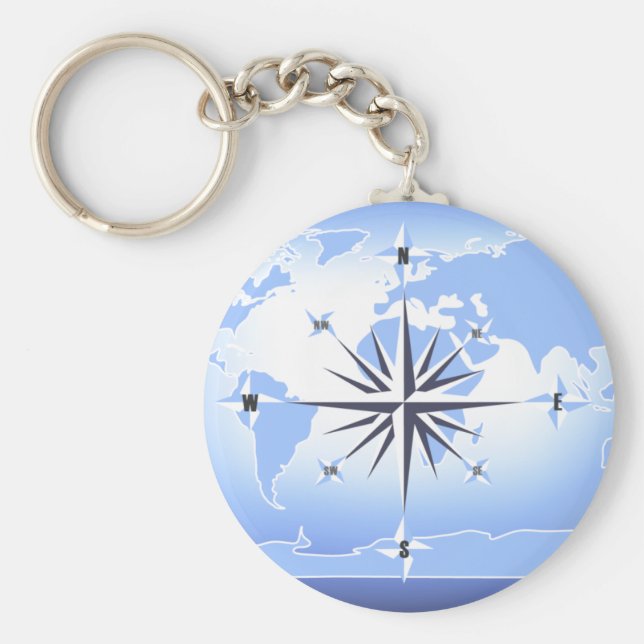 Llavero Rosa de brújula azul Mapa mundial Keychain 2 (Frente)