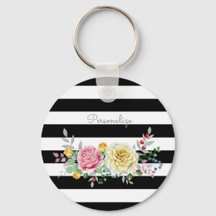 Llavero Rosa de moda Floral Trendy Black Stripes and Name