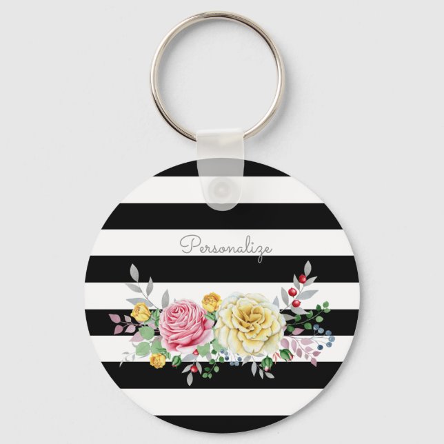 Llavero Rosa de moda Floral Trendy Black Stripes and Name (Anverso)