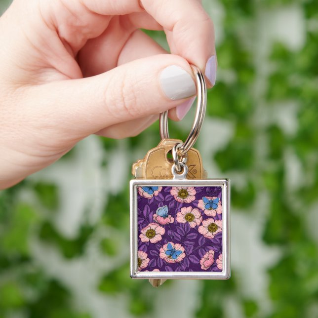 Llavero Rosa de perro y mariposas en rosa y púrpura (Mano)