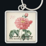 Llavero Rosa de Vintage Blooming 70th Birthday<br><div class="desc">Celebración del personalizable 70 cumpleaños en el llavero metalizado cuadrado con los colores vitícolas de agua botánica de una suave rosa roja floreciente de Pierre-Joseph Redouté. Puede cambiar fácilmente el texto (color, fuente, tamaño y posición) haciendo clic en el botón personalizar o personalizar. Invitación de cumpleaños coincidente, caja de favores...</div>