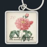 Llavero Rosa de Vintage Blooming 70th Birthday<br><div class="desc">Celebración del personalizable 70 cumpleaños en el llavero metalizado cuadrado con los colores vitícolas de agua botánica de una suave rosa roja floreciente de Pierre-Joseph Redouté. Puede cambiar fácilmente el texto (color, fuente, tamaño y posición) haciendo clic en el botón personalizar o personalizar. Invitación de cumpleaños coincidente, caja de favores...</div>